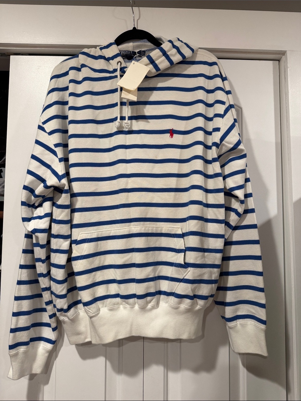 Polo by Ralph Lauren White Hooded Sweatshirt with Blue Stripes XL NWT